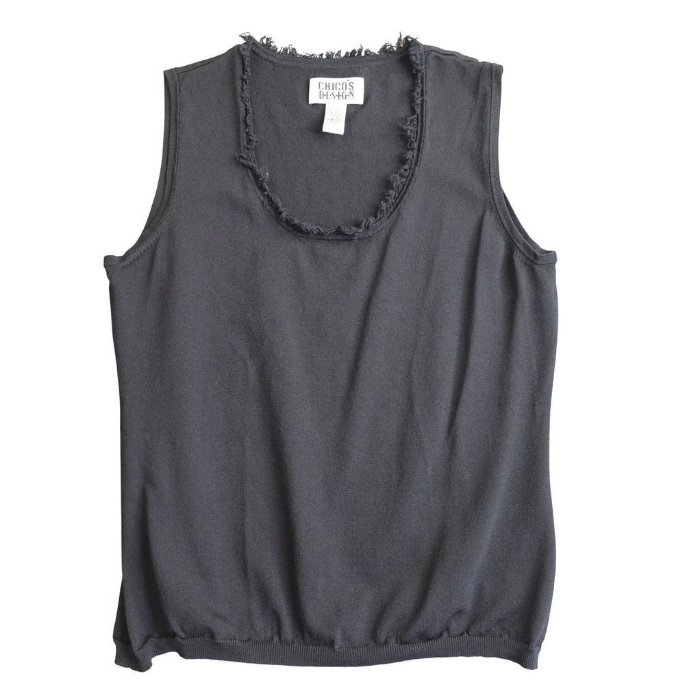 Vintage Y2K Chico's Design Tank Top Womens 2 Black Sleeveless Fringed Scoop Neck